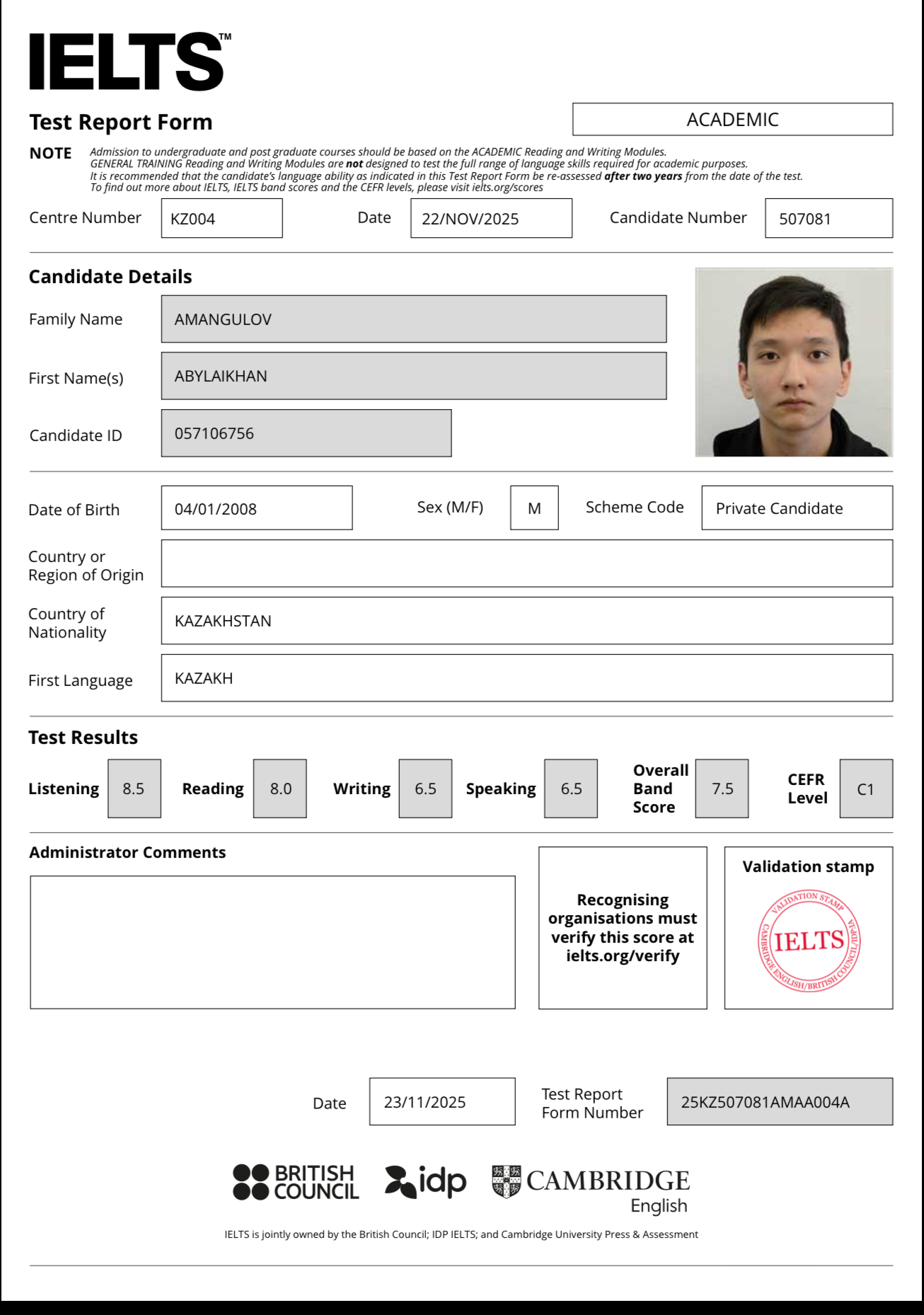 IELTS certificate with 7.5 overall band score